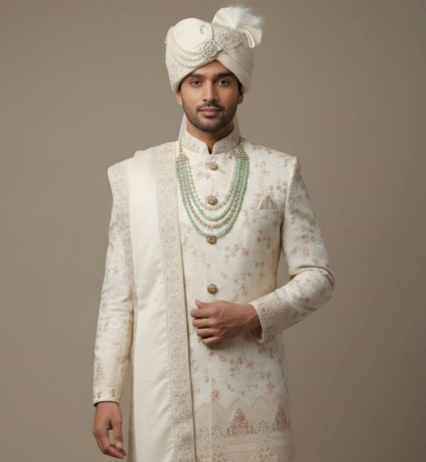 Elegant Cream Floral Embroidered Groom's Sherwani Set