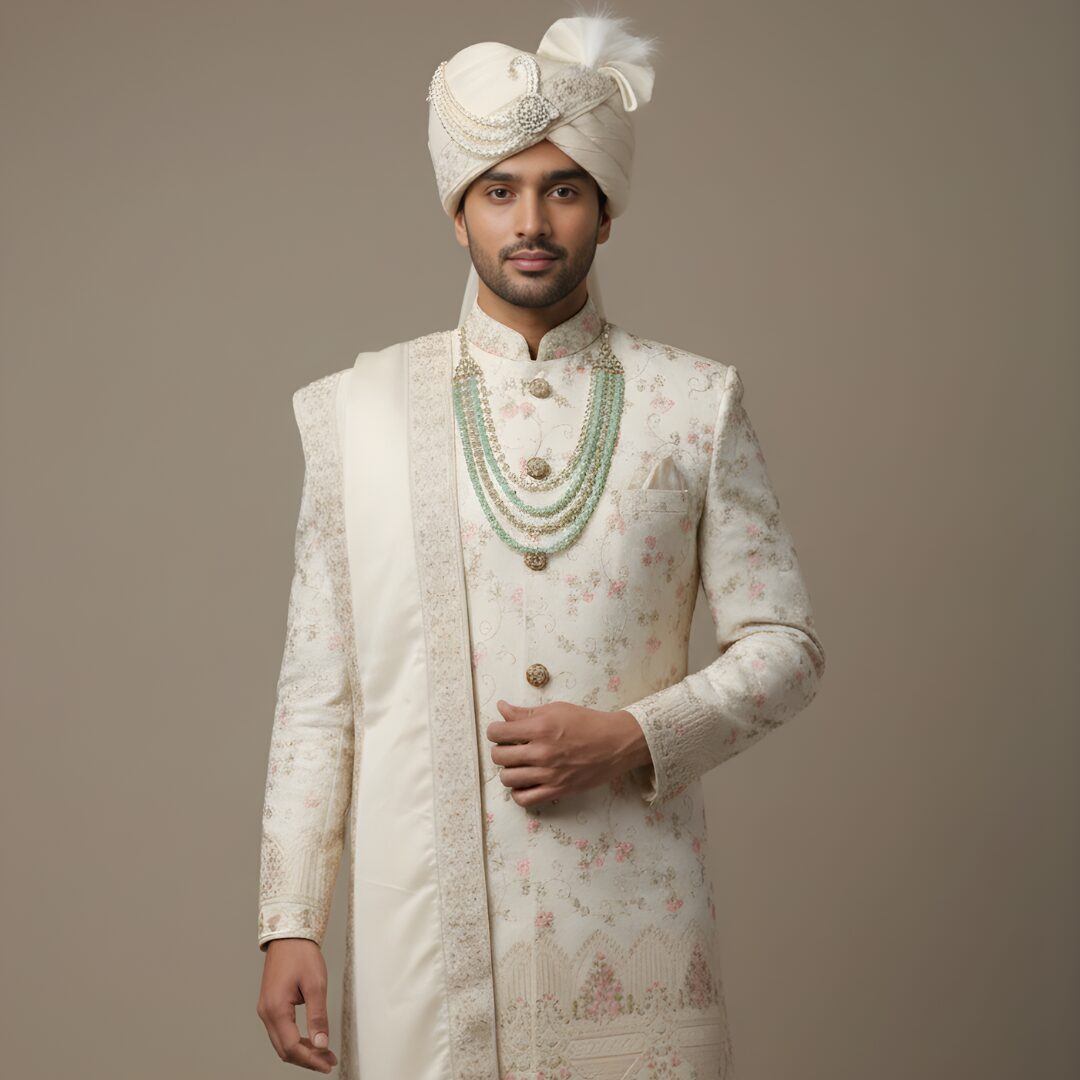 Elegant Cream Floral Embroidered Groom's Sherwani Set