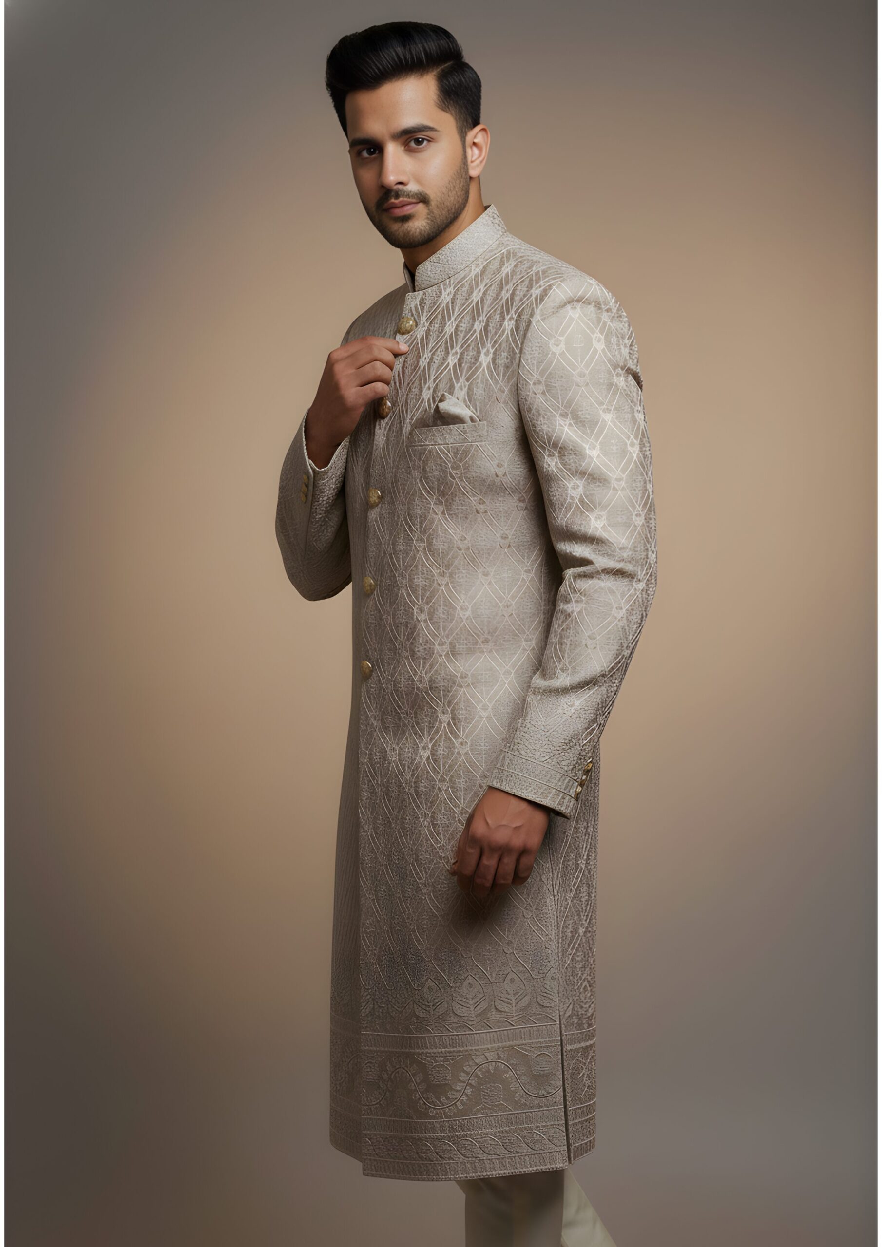 Imperial Champagne-Gold Ornate Lattice-Work Indo-Western - Image 3