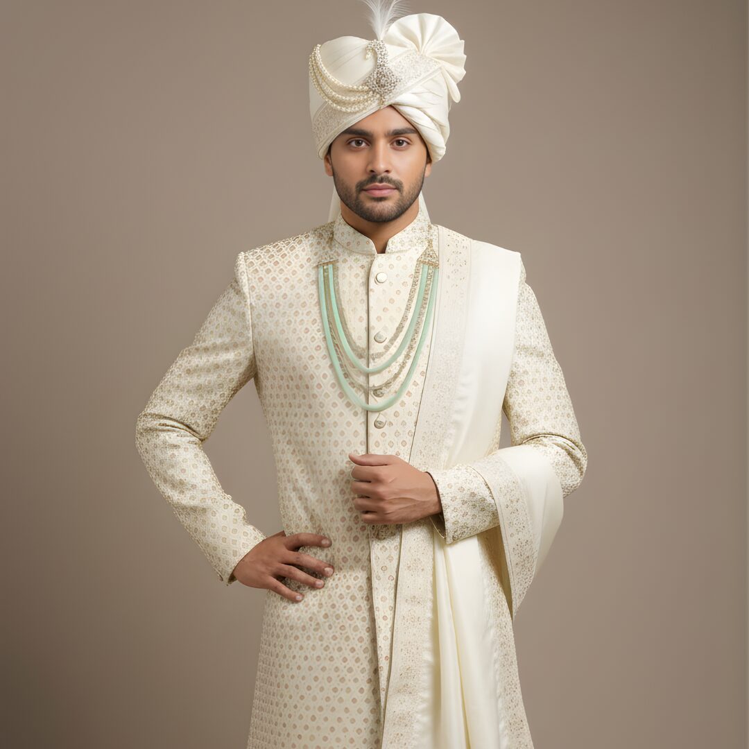 Classic Gold-Ivory Geometric Pattern Sherwani Set