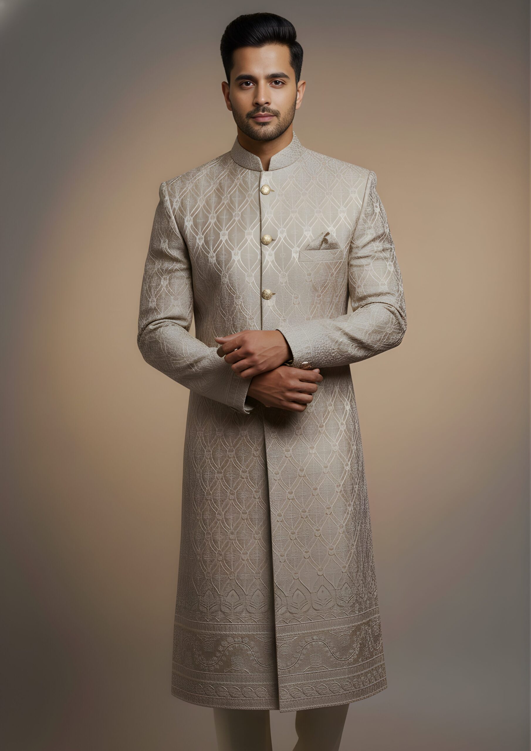 Imperial Champagne-Gold Ornate Lattice-Work Indo-Western - Image 2