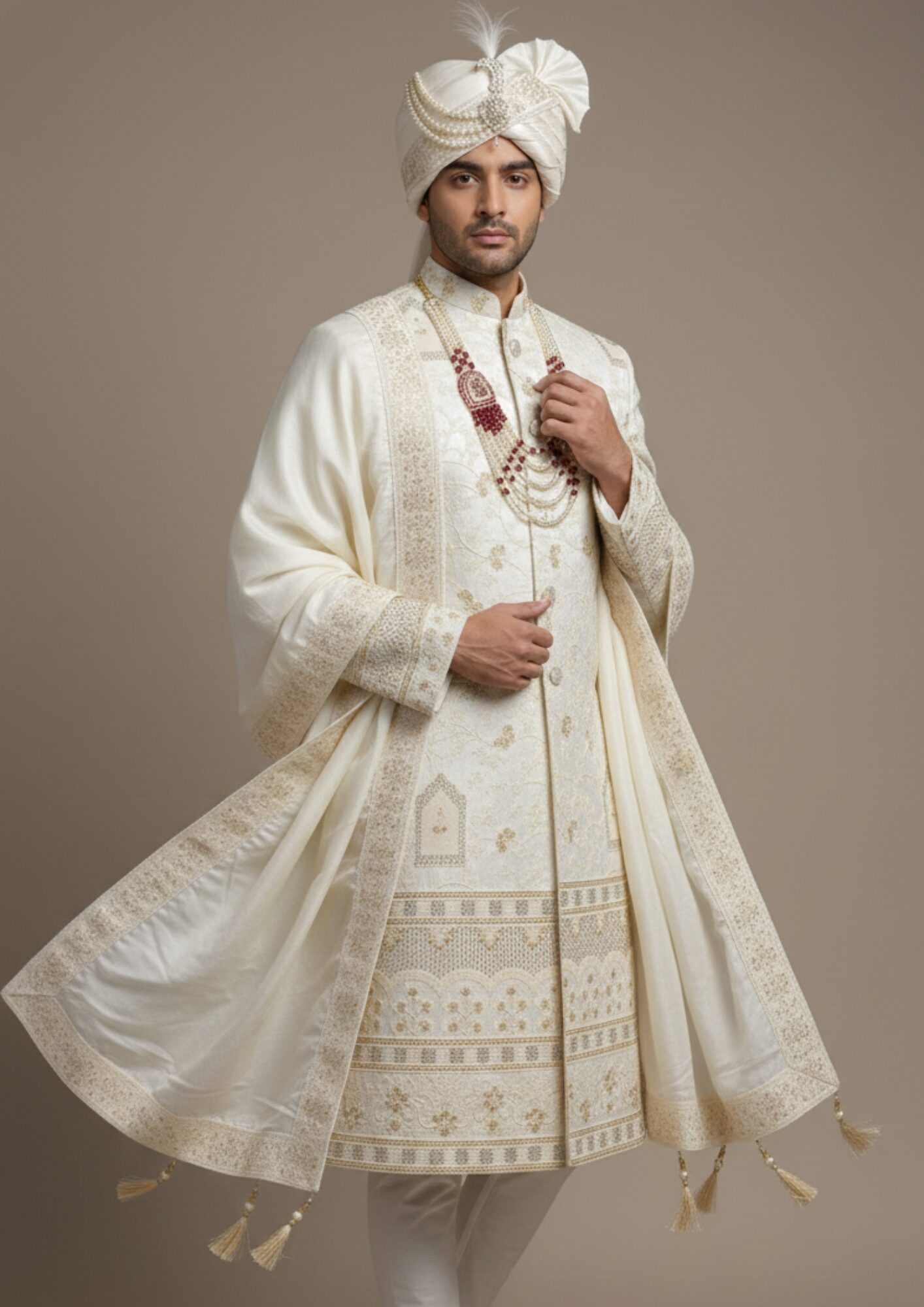 Royal Ivory Vine-Embroidered Groom’s Sherwani Set - Image 2