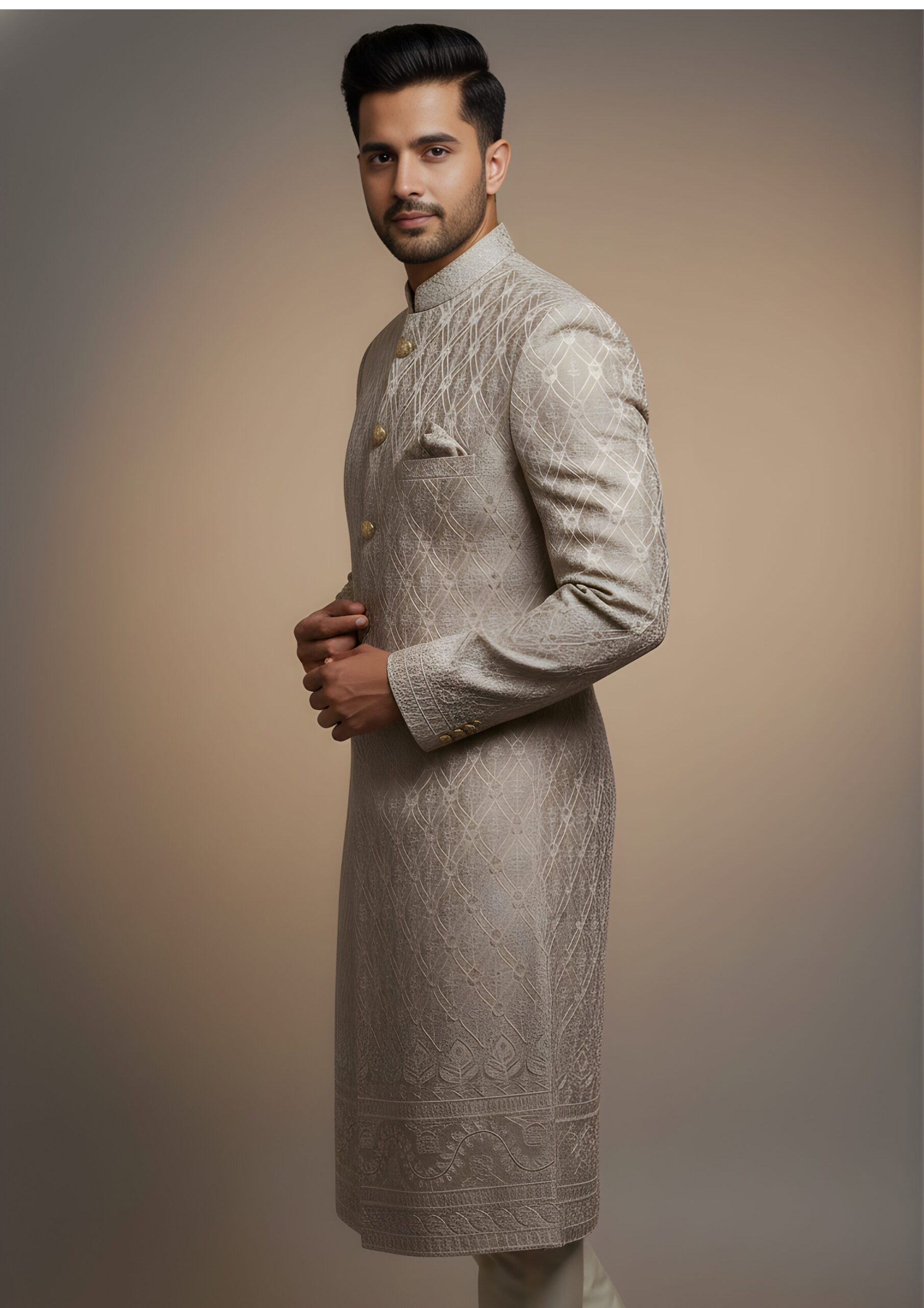 Imperial Champagne-Gold Ornate Lattice-Work Indo-Western - Image 4