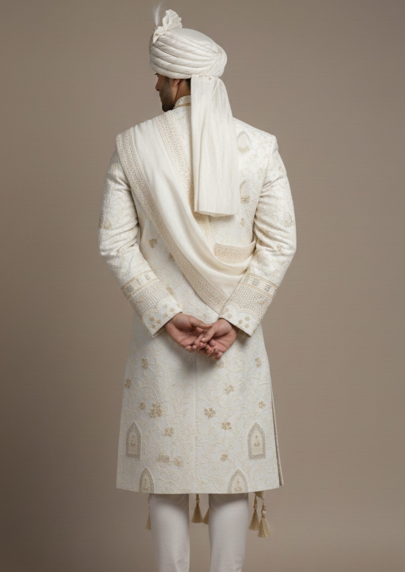 Royal Ivory Vine-Embroidered Groom’s Sherwani Set - Image 4