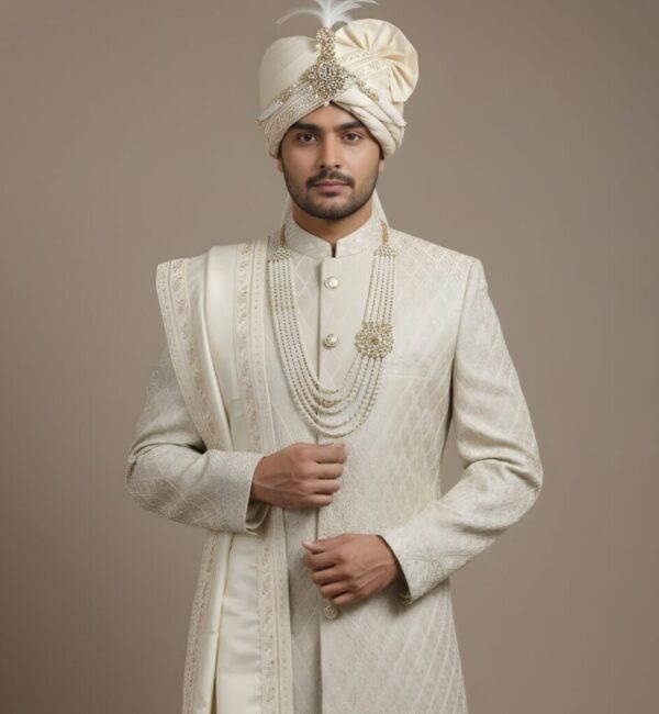 Exquisite Beige-Gold Geometric Pattern Sherwani Set