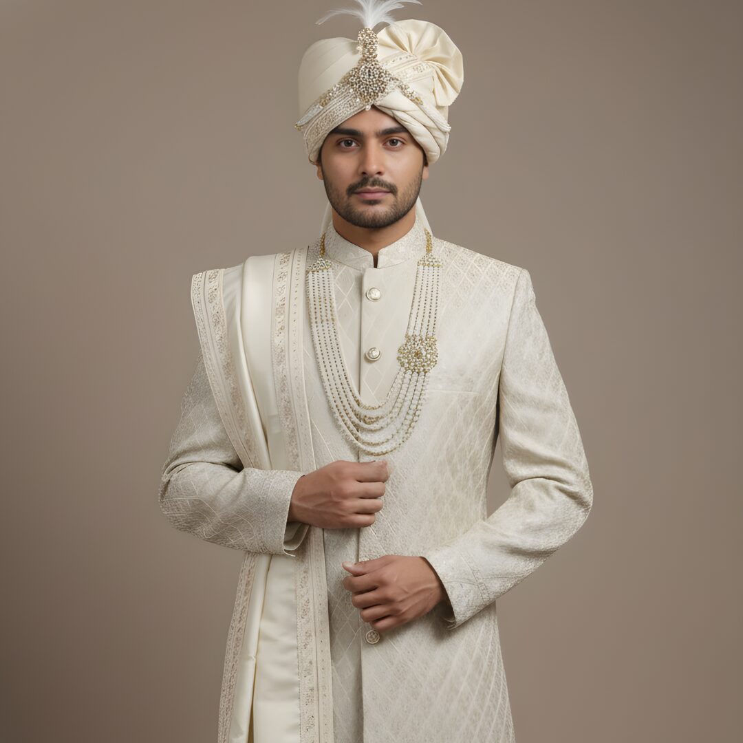 Exquisite Beige-Gold Geometric Pattern Sherwani Set