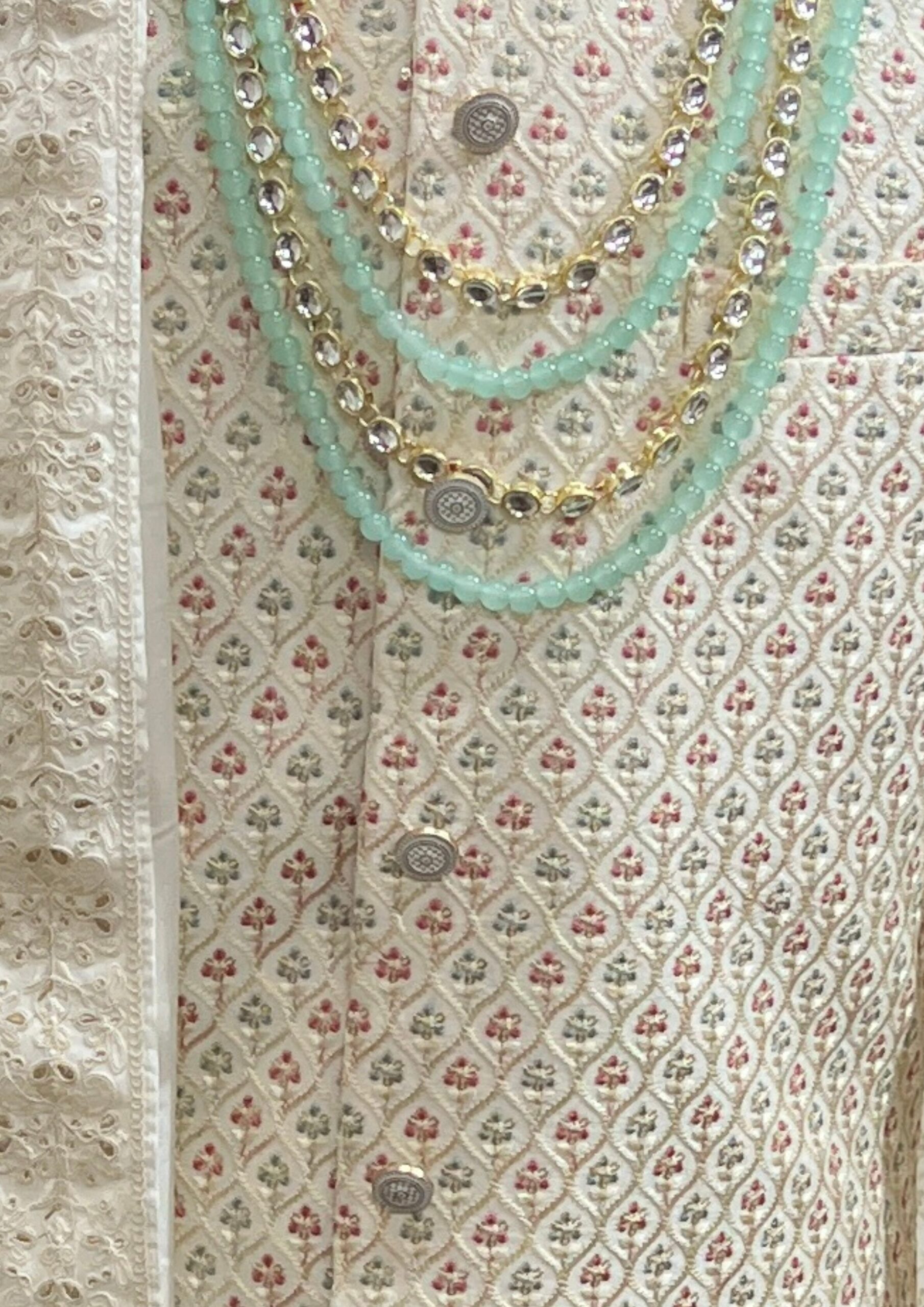 Classic Gold-Ivory Geometric Pattern Sherwani Set - Image 5