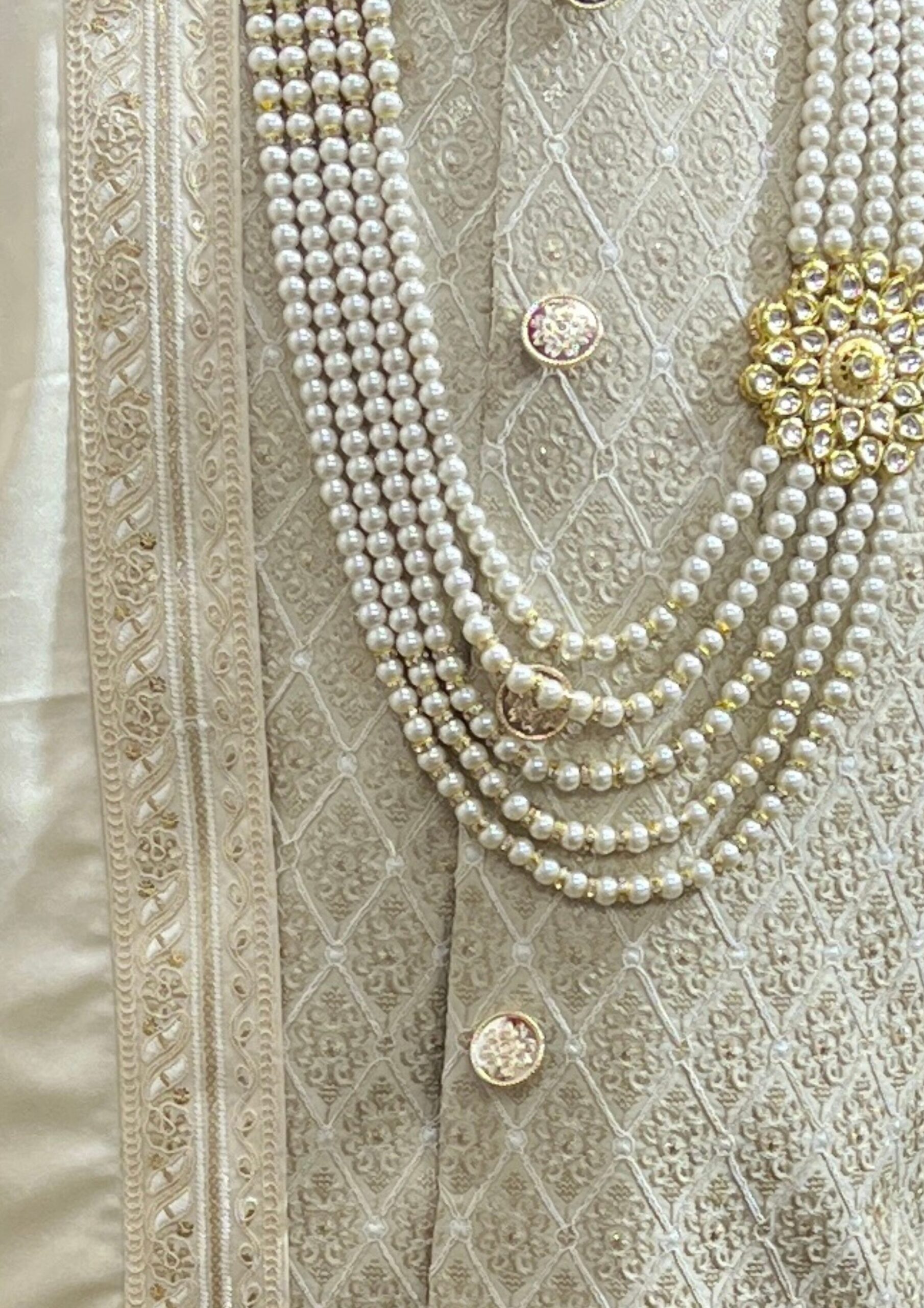 Exquisite Beige-Gold Geometric Pattern Sherwani Set - Image 5
