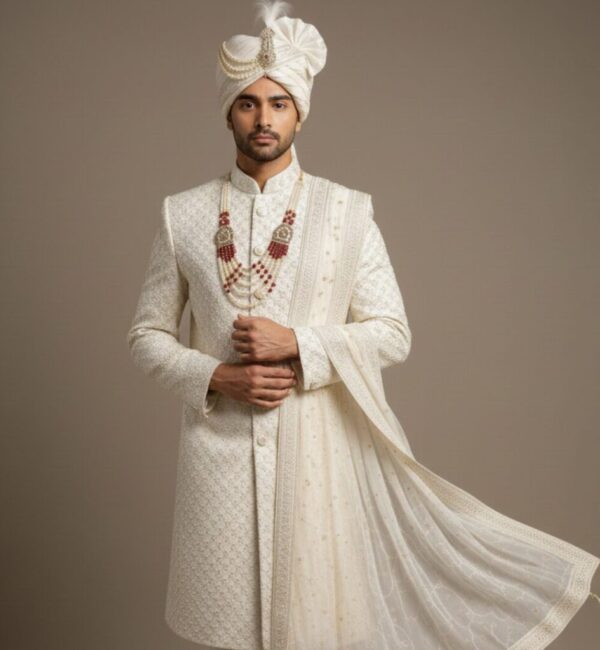 Royal Ivory Heritage Hand-Embroidered Sherwani Ensemble