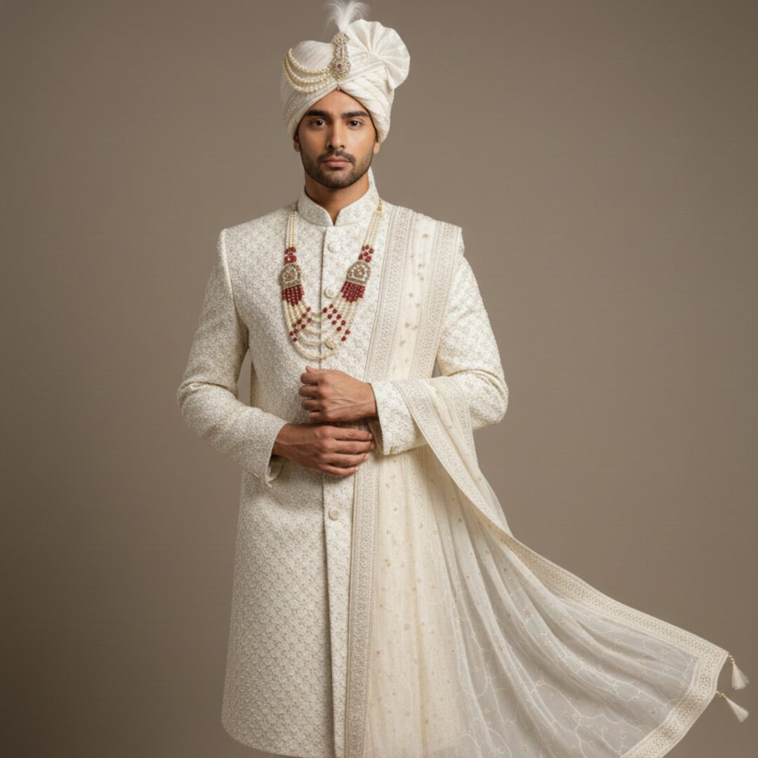 Royal Ivory Heritage Hand-Embroidered Sherwani Ensemble