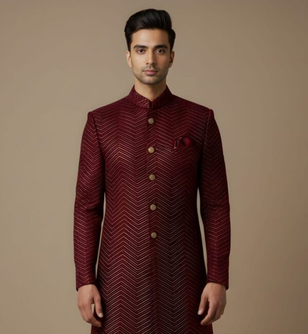 Imperial Maroon Velvet Zig-Zag Design Indo-Western
