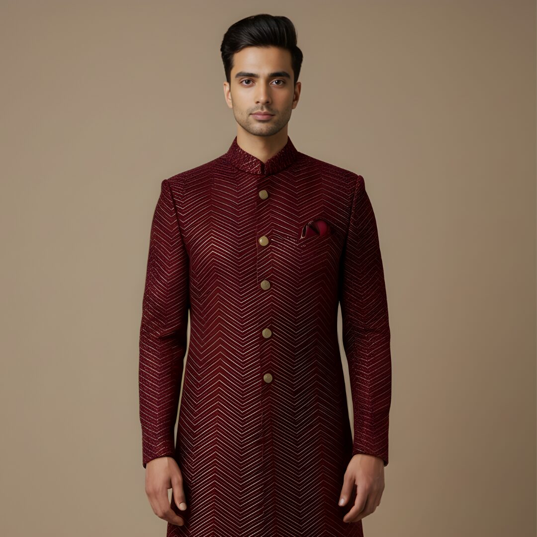 Imperial Maroon Velvet Zig-Zag Design Indo-Western