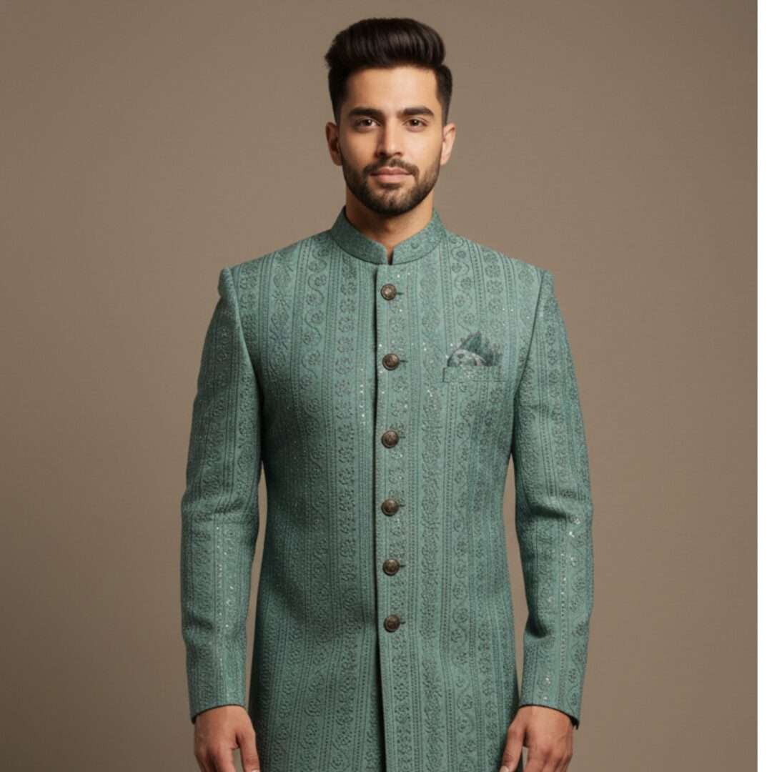 Majestic Sea-Green Vertical Vine-Embroidered Indo-Western