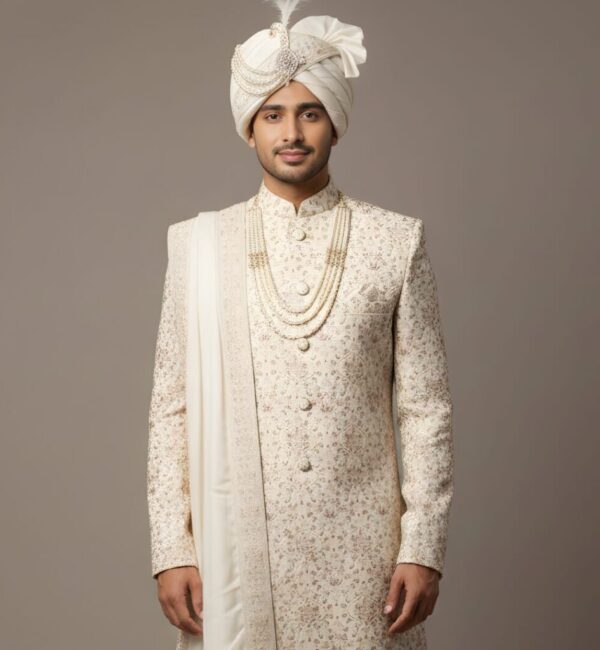 Exquisite Beige Floral-Damask Groom’s Sherwani Set