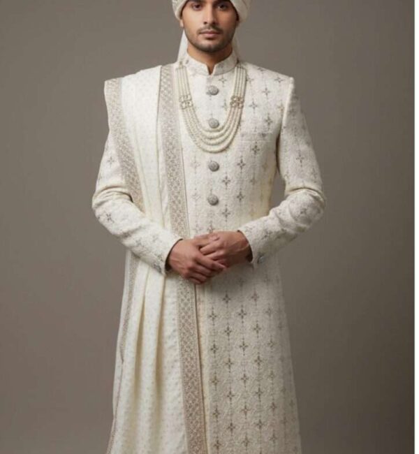 Majestic Ivory Heritage Sherwani with Elephant & Royal Motif Embroidery