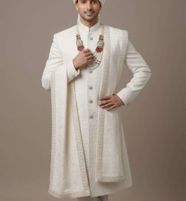 Premium Ivory Self-Embroidered Groom's Sherwani Set