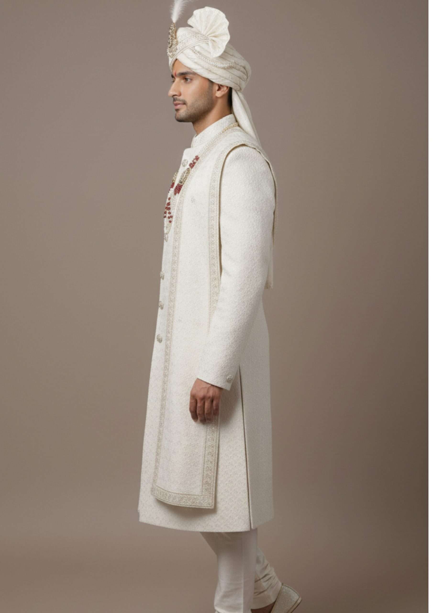 Premium Ivory Self-Embroidered Groom's Sherwani Set - Image 3
