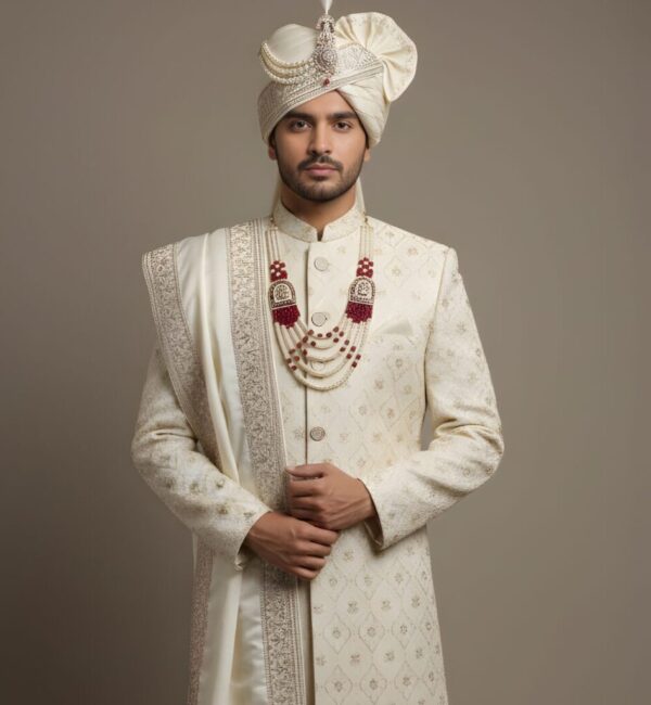 Majestic Ivory Sherwani with Heritage Pattern Embroidery