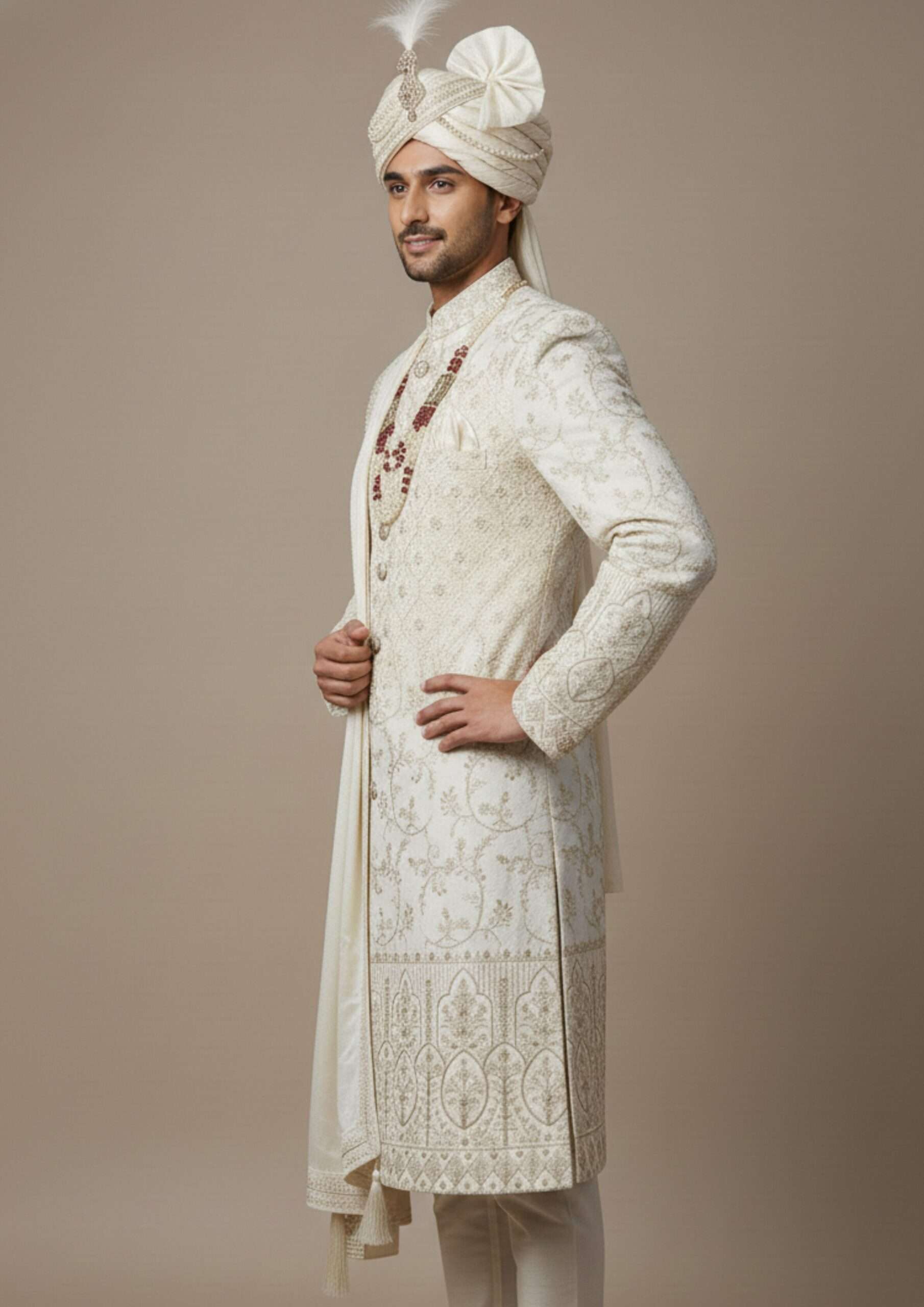 Exquisite Ivory Heritage Sherwani with Elephant Motif Embroidery - Image 3