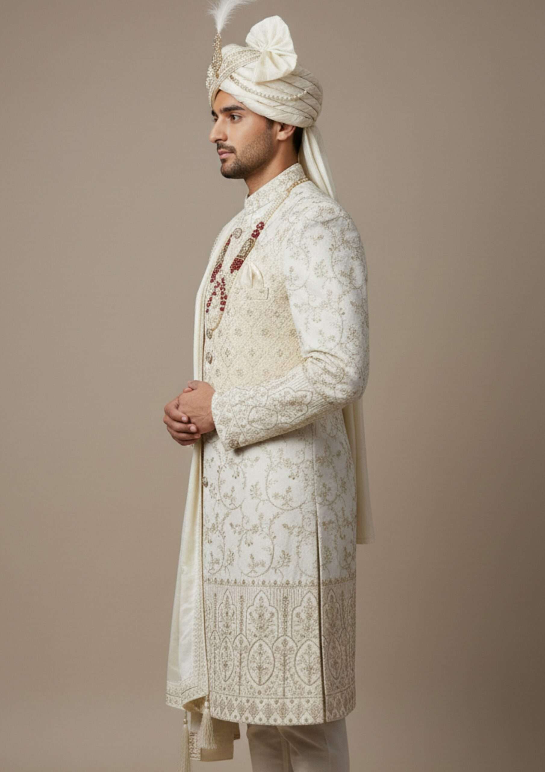 Exquisite Ivory Heritage Sherwani with Elephant Motif Embroidery - Image 4