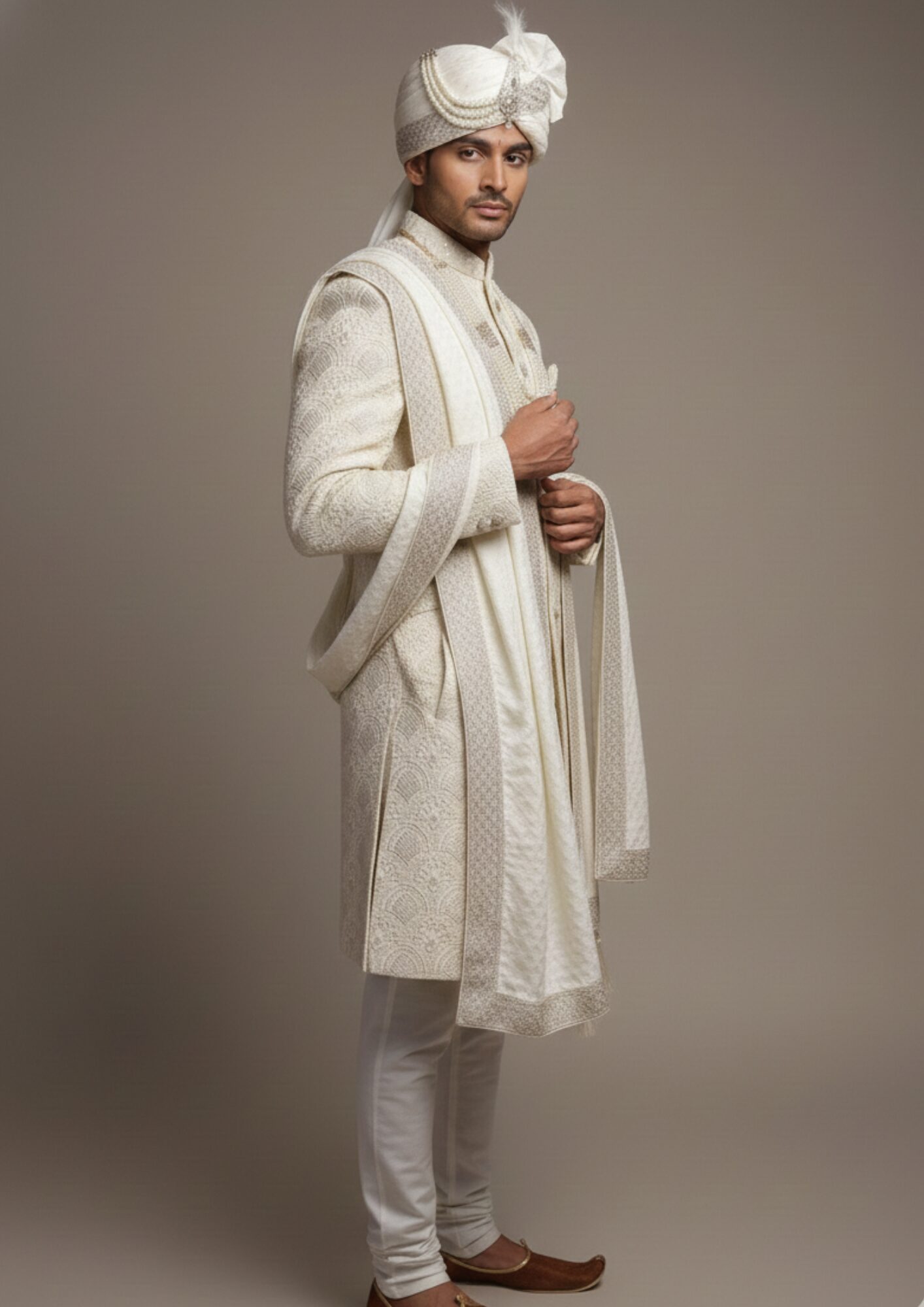Exquisite Ivory Royal Groom’s Sherwani Set - Image 3