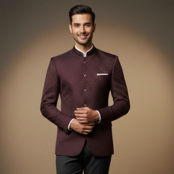 Wine Red Patterned Bandhgala