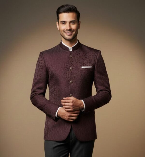 Wine Red Patterned Bandhgala