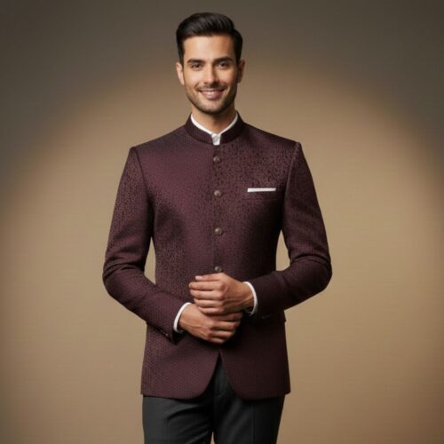 Wine Red Patterned Bandhgala