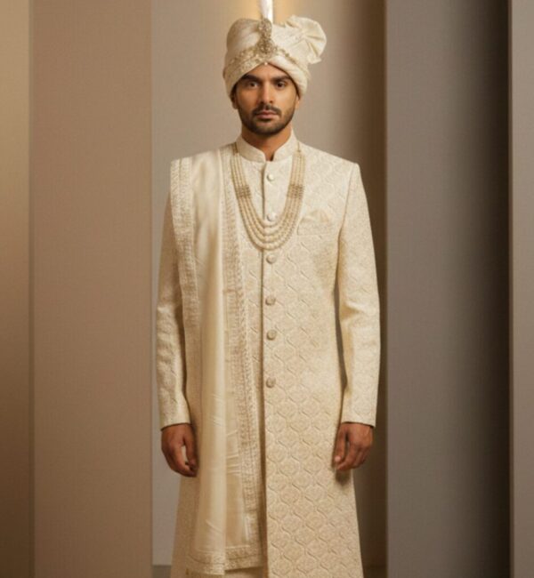 White Designer Groom’s Sherwani Set