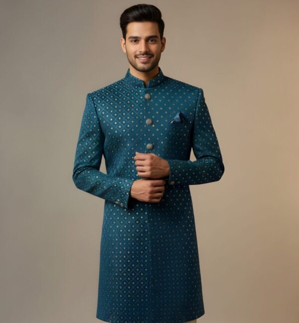 Imperial Teal Blue Diamond-Patterned Indo-Western