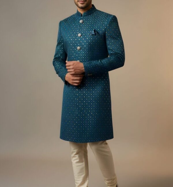 Imperial Teal Blue Diamond-Patterned Indo-Western