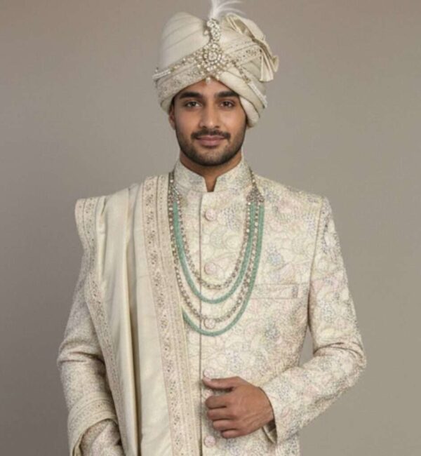 Exquisite Ivory Sherwani with Multicolor Floral Embroidery