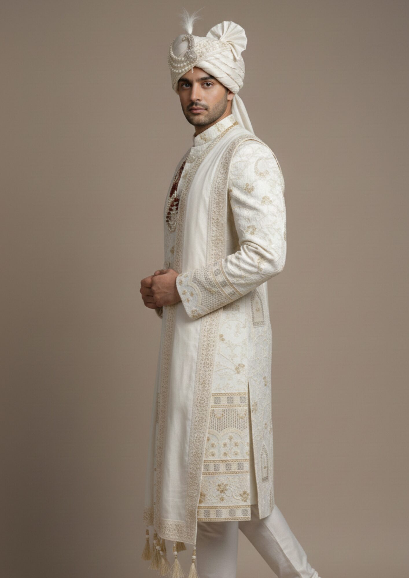 Royal Ivory Vine-Embroidered Groom’s Sherwani Set - Image 3