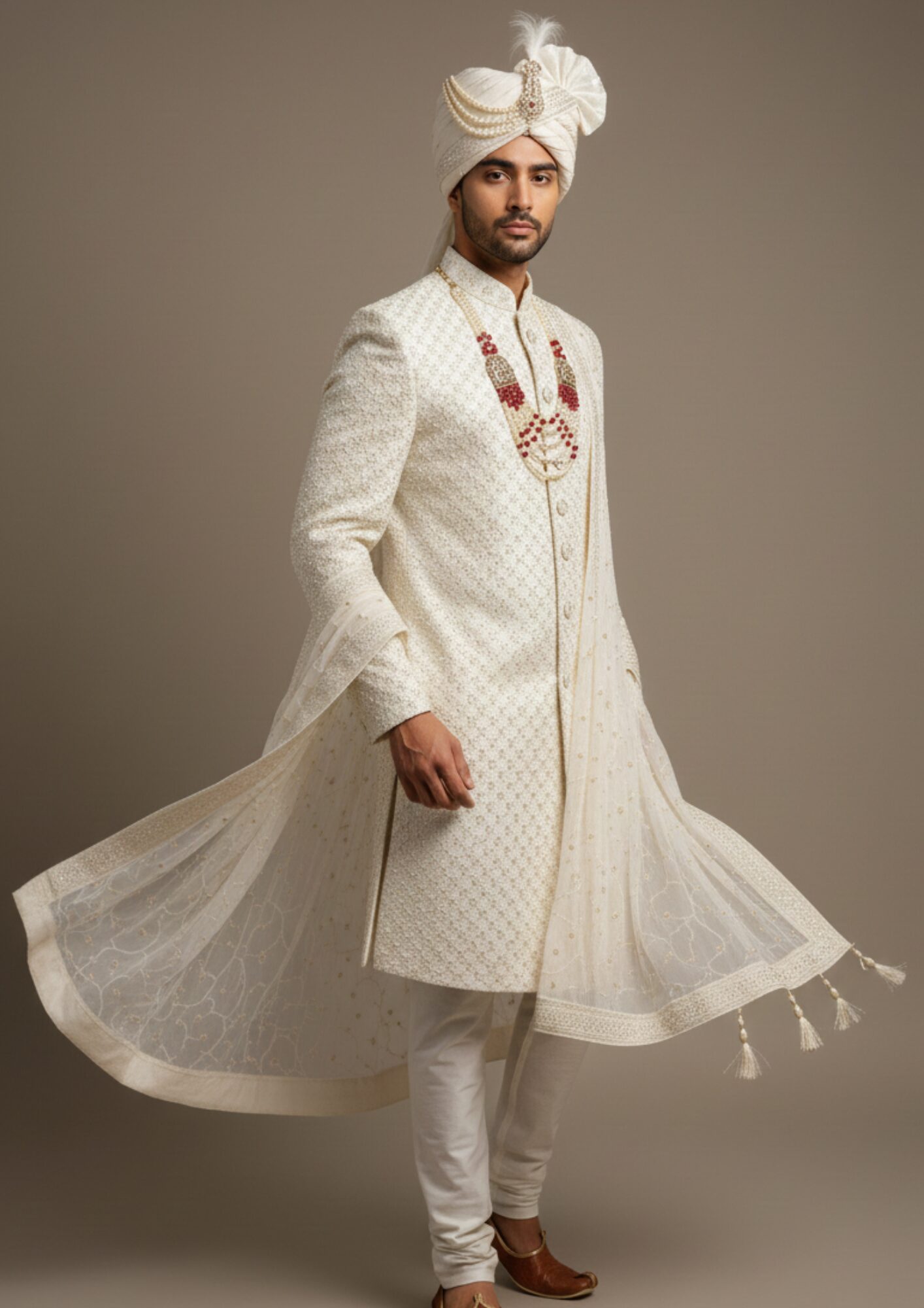 Royal Ivory Heritage Hand-Embroidered Sherwani Ensemble - Image 3