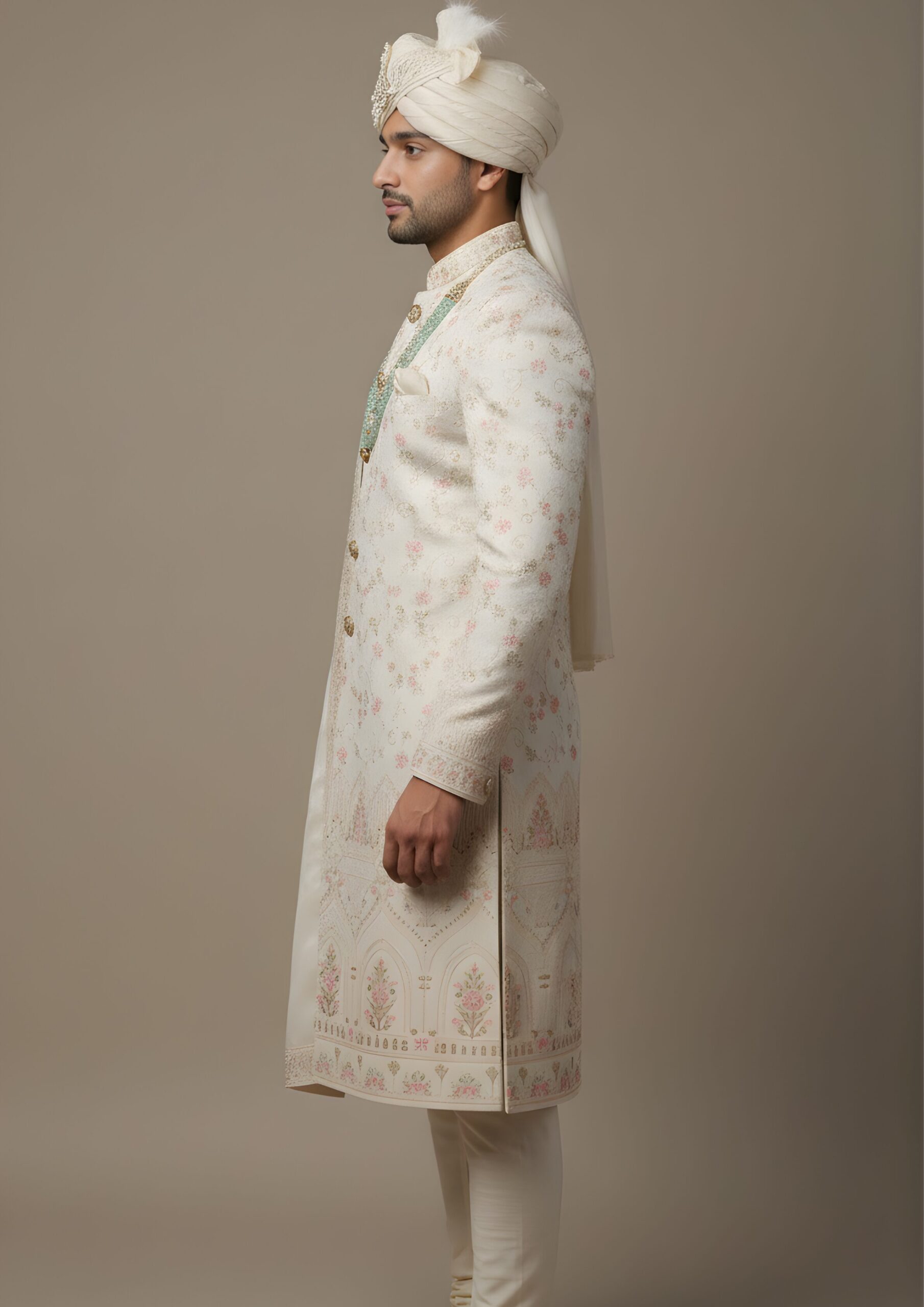 Elegant Cream Floral Embroidered Groom's Sherwani Set - Image 4