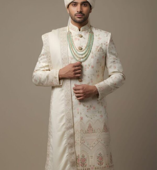 Elegant Cream Floral Embroidered Groom's Sherwani Set