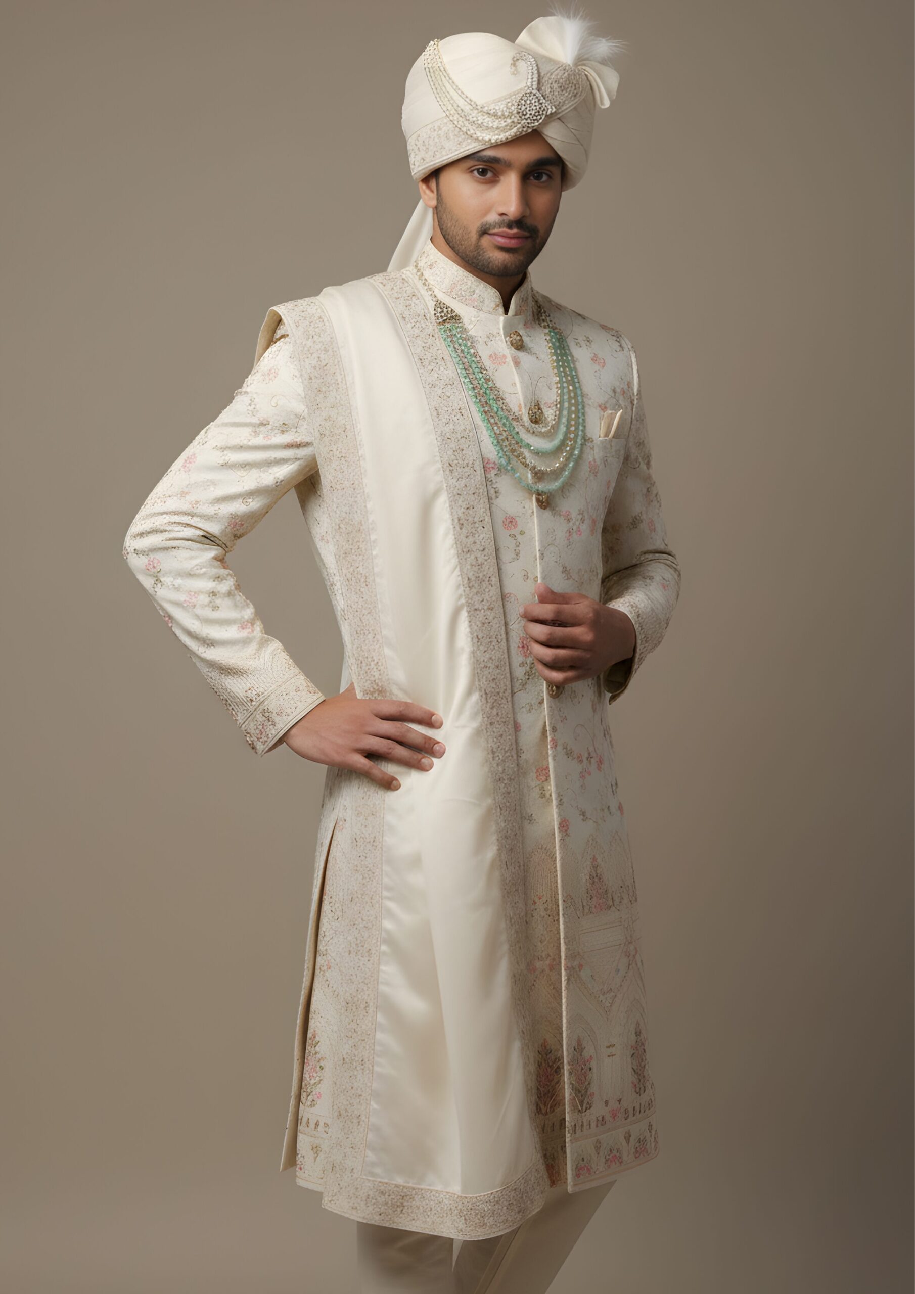 Elegant Cream Floral Embroidered Groom's Sherwani Set - Image 3