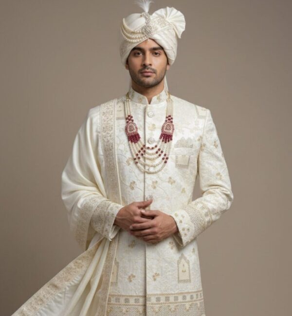 Royal Ivory Vine-Embroidered Groom’s Sherwani Set