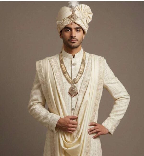 Royal Ivory Heritage Sherwani Set with Intricate Self-Work