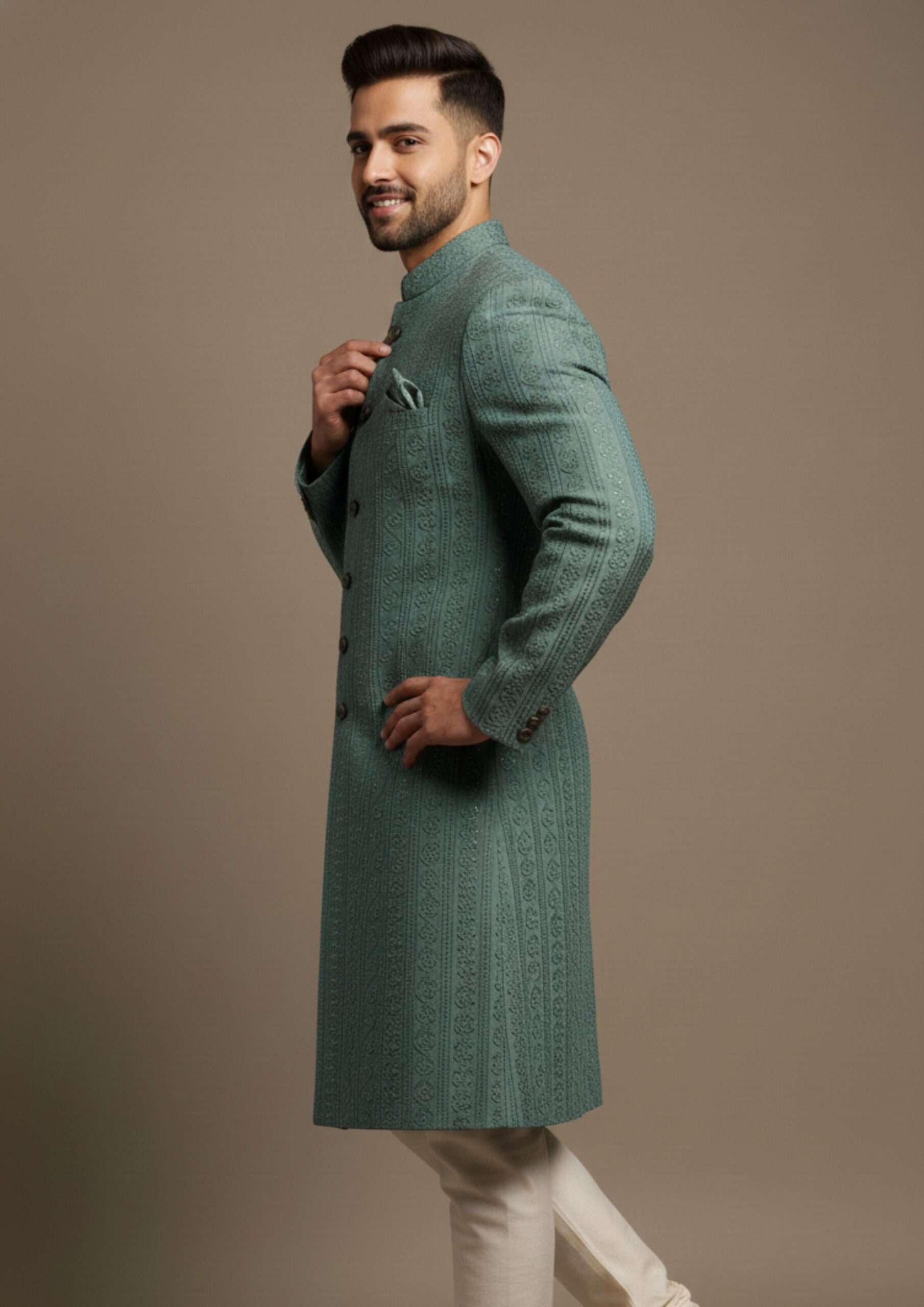 Majestic Sea-Green Vertical Vine-Embroidered Indo-Western - Image 4