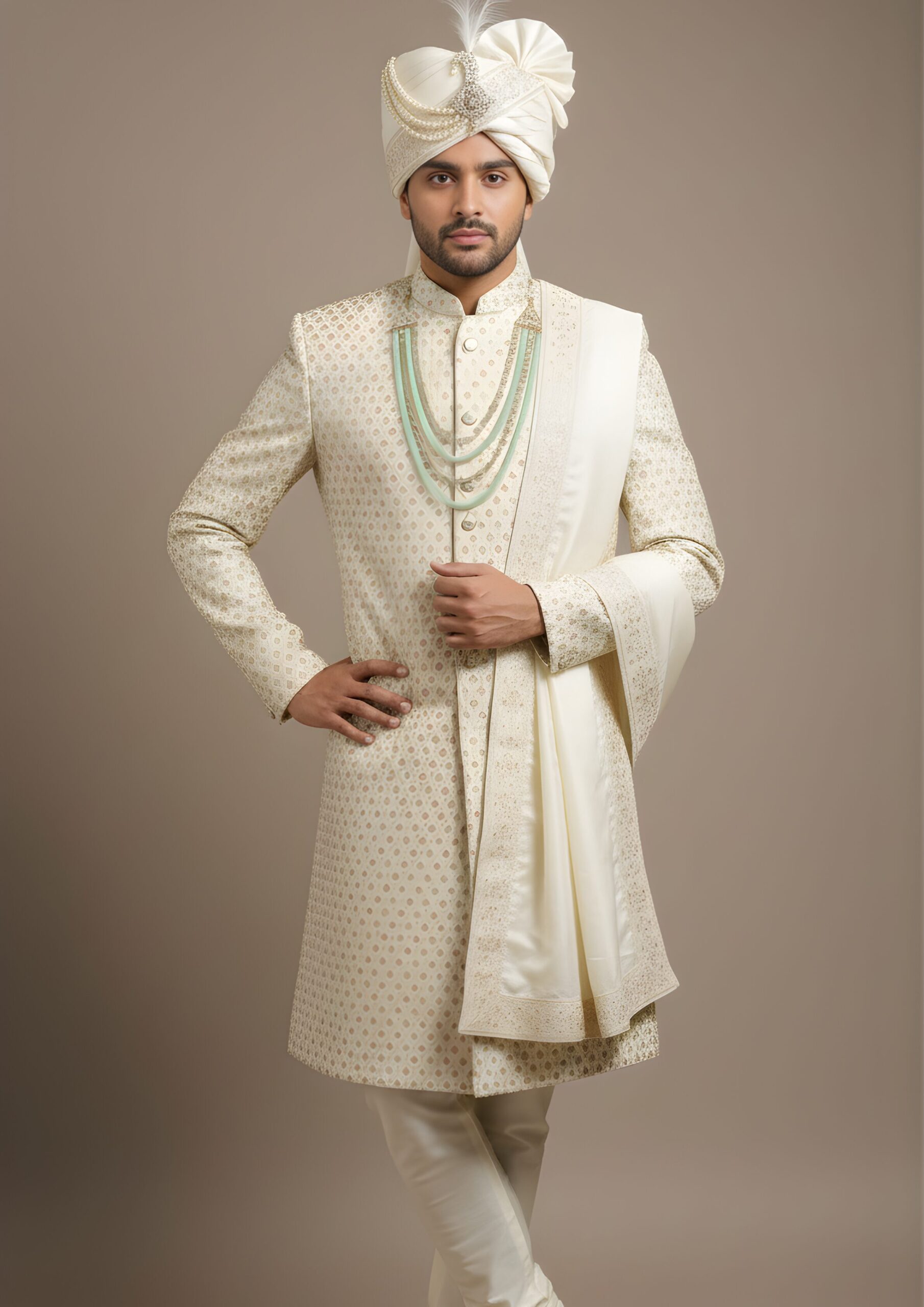 Classic Gold-Ivory Geometric Pattern Sherwani Set - Image 2