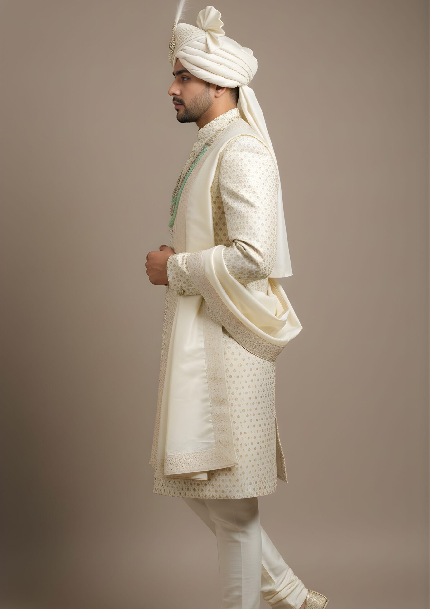 Classic Gold-Ivory Geometric Pattern Sherwani Set - Image 4