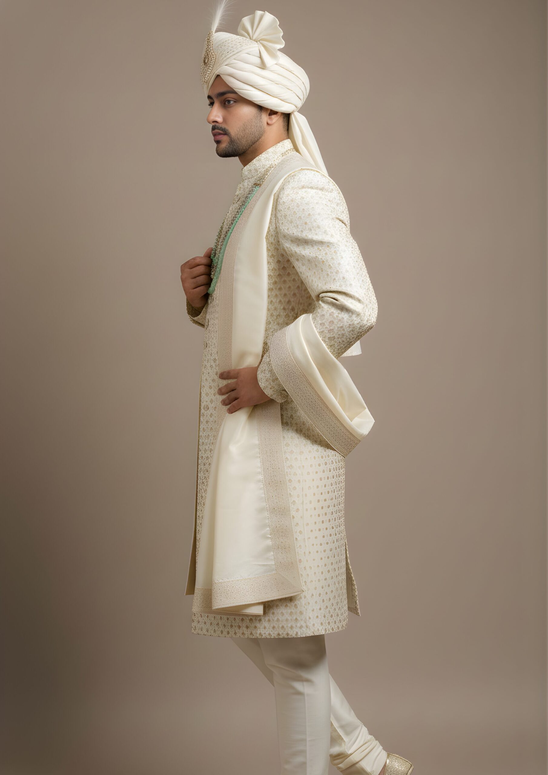 Classic Gold-Ivory Geometric Pattern Sherwani Set - Image 3