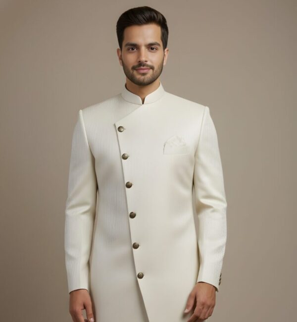 Majestic Ivory Floral-Jacquard Asymmetric Indo-Western