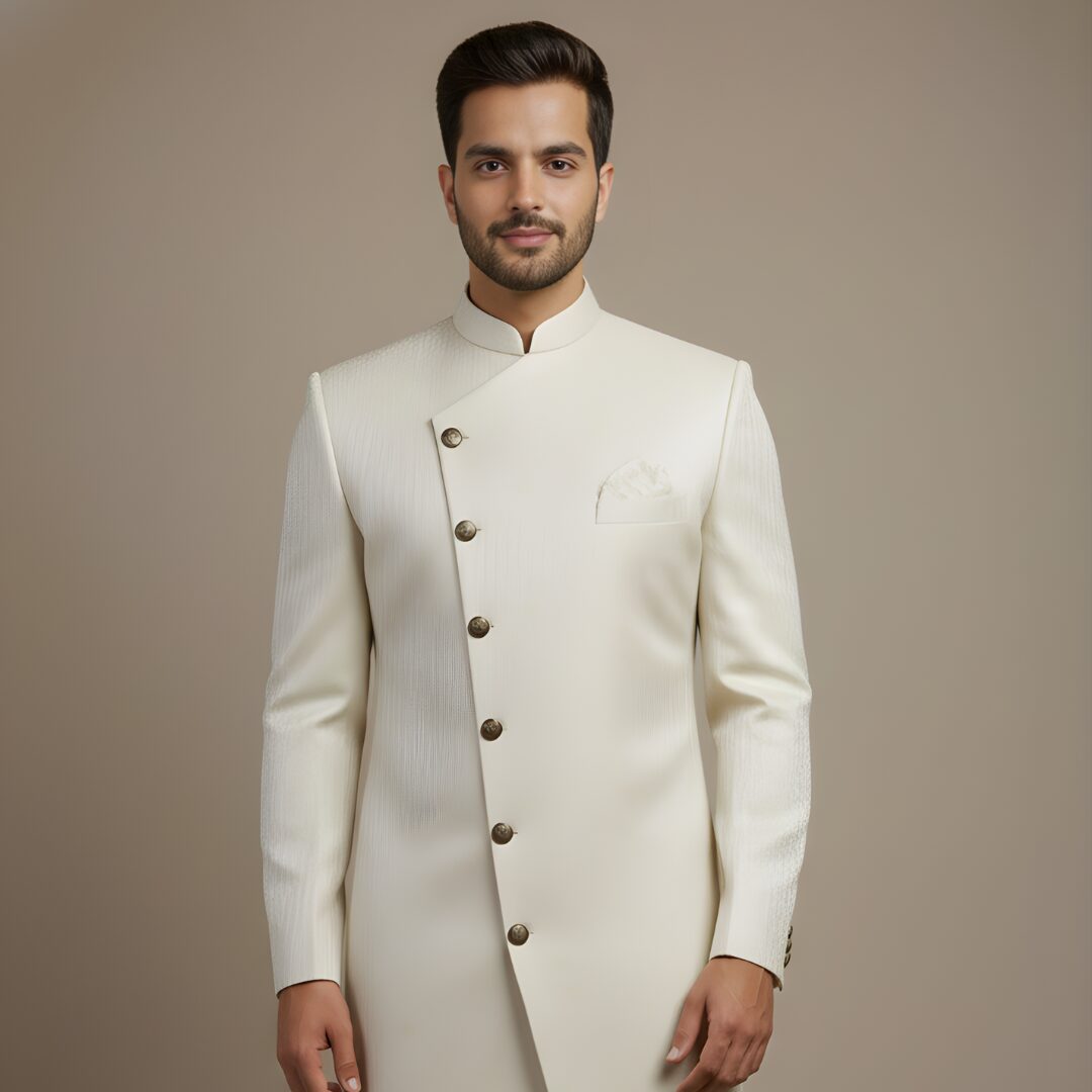 Majestic Ivory Floral-Jacquard Asymmetric Indo-Western