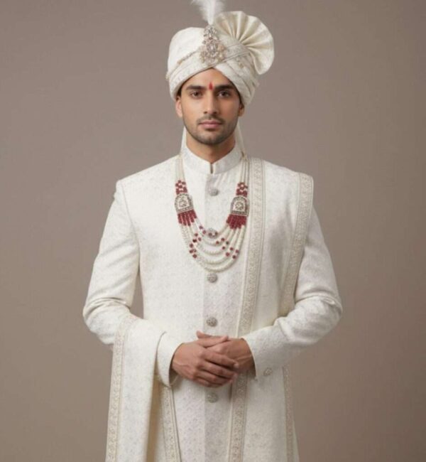 Premium Ivory Self-Embroidered Groom's Sherwani Set