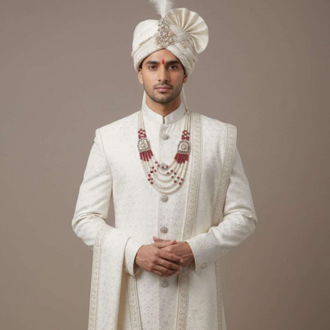 Premium Ivory Self-Embroidered Groom's Sherwani Set