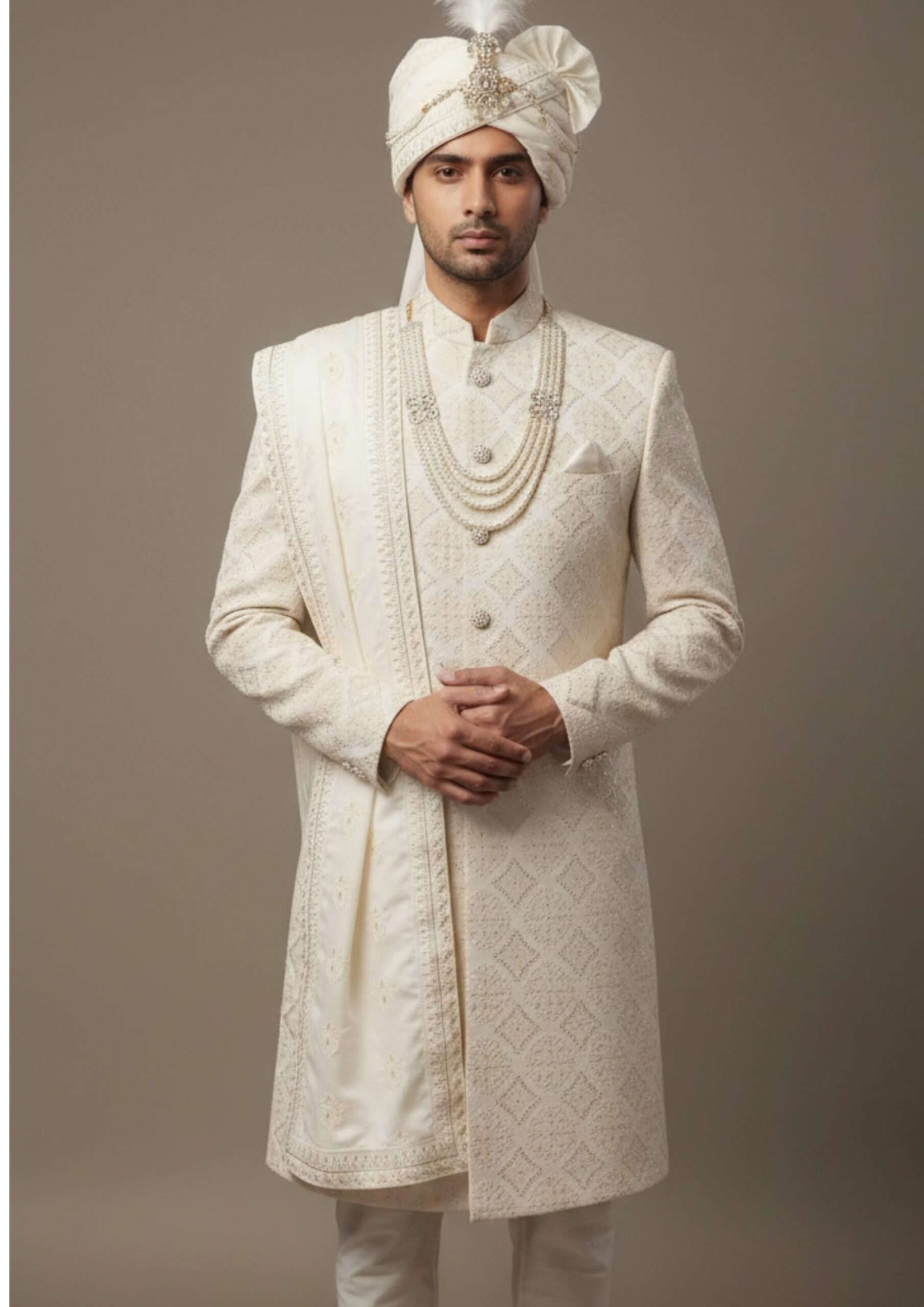 Exquisite Champagne Gold Diamond-Pattern Sherwani Set - Image 2