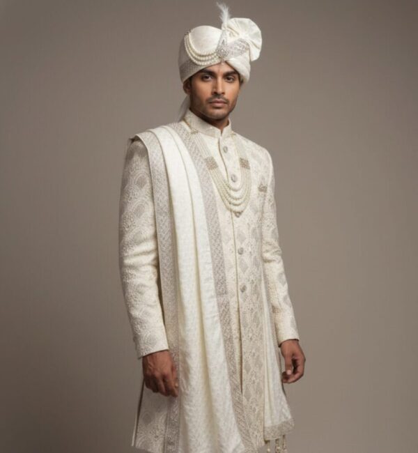 Exquisite Ivory Royal Groom’s Sherwani Set