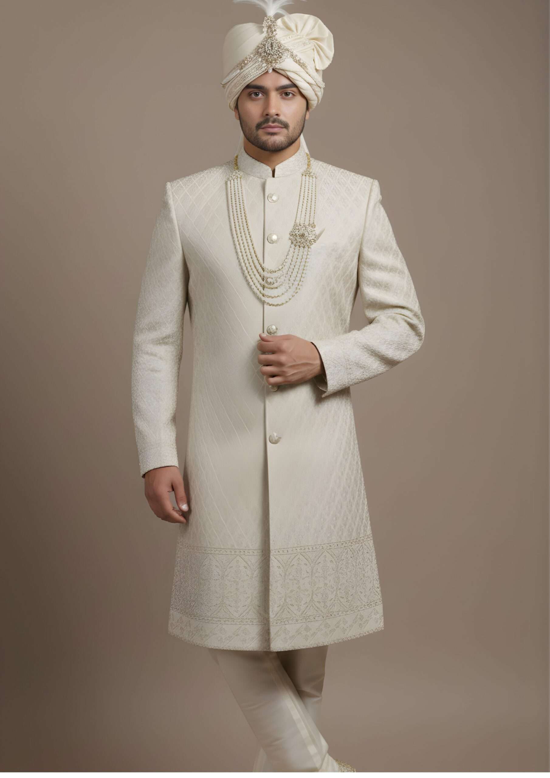 Exquisite Beige-Gold Geometric Pattern Sherwani Set - Image 2